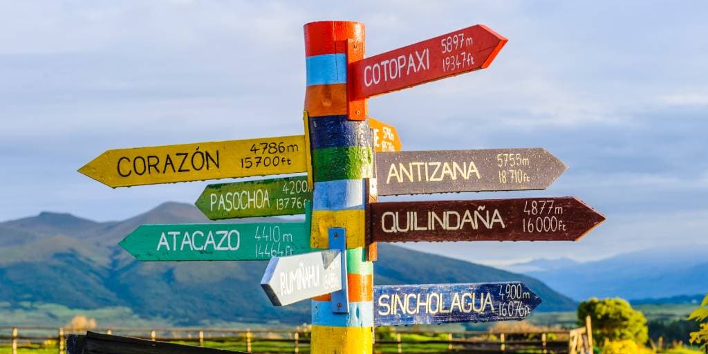 Landmark pole with places, each pointing to a specific direction, listing the amount of kilometers from the pole.